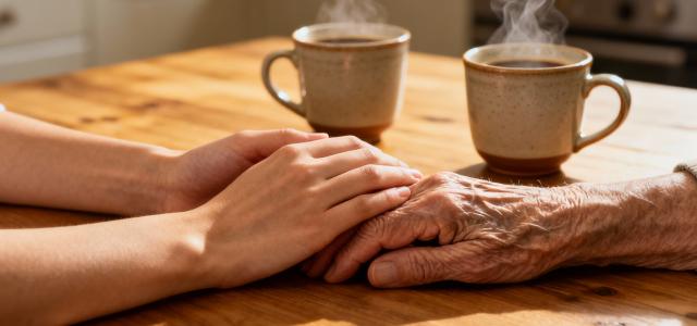Young adult’s hands rests gently on top of an older parent’s hands on a kitchen table, symbolizing support and care. 